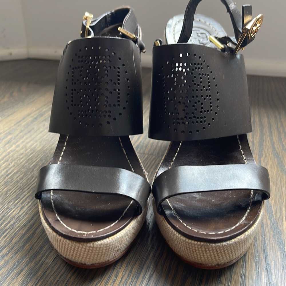 Women’s Tory Burch Brown Leather Platform Wedge Sandals Size 10